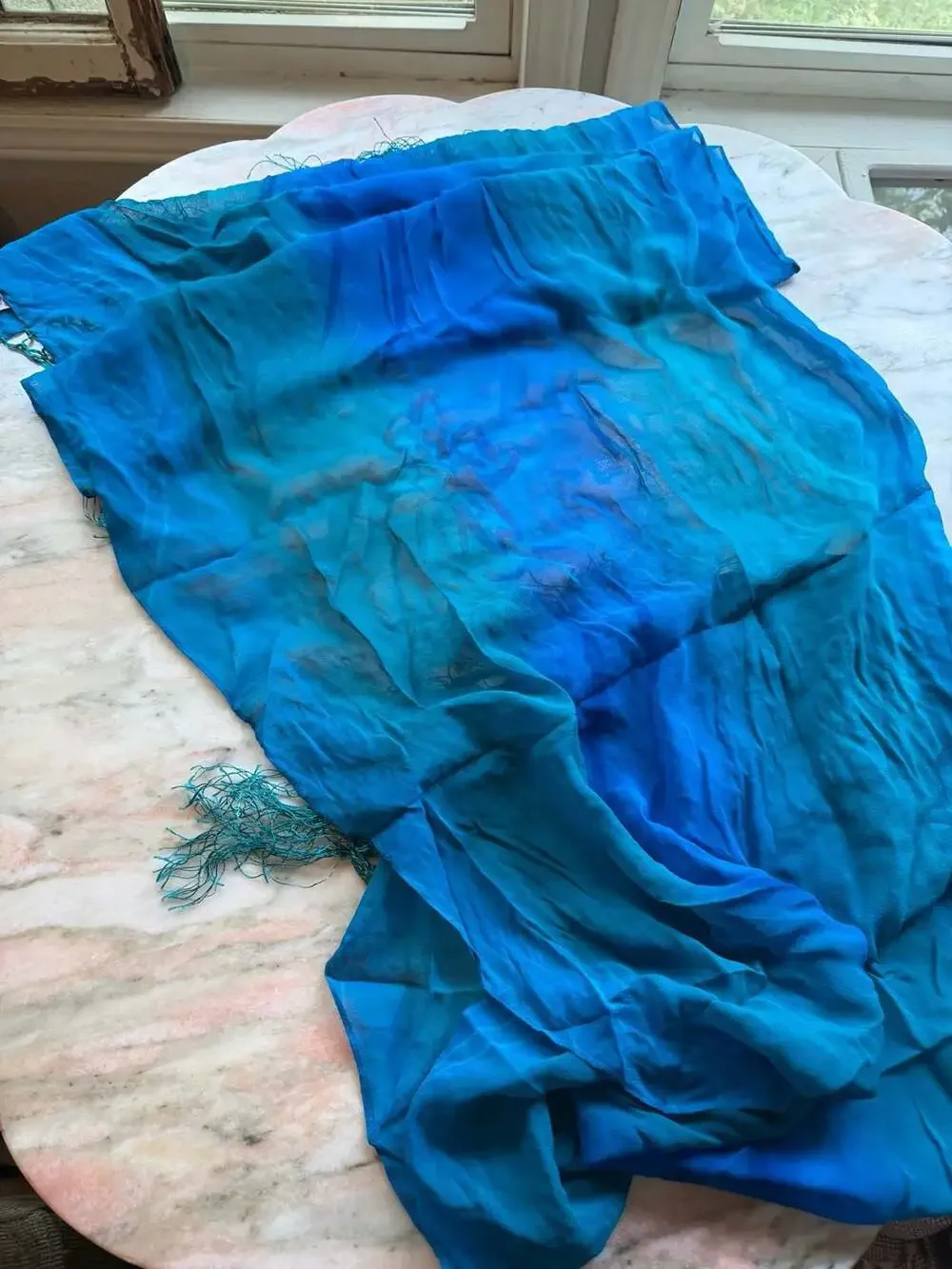 Blue Ombre 100% Silk Scarf with Crochet Fishnet Fringe